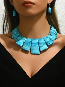 Boho Resin Material Imitated Turquoise Jewelry Set, Includes Necklace & Earrings, Exaggerated Design, Bohemian Inspiration Accessories
