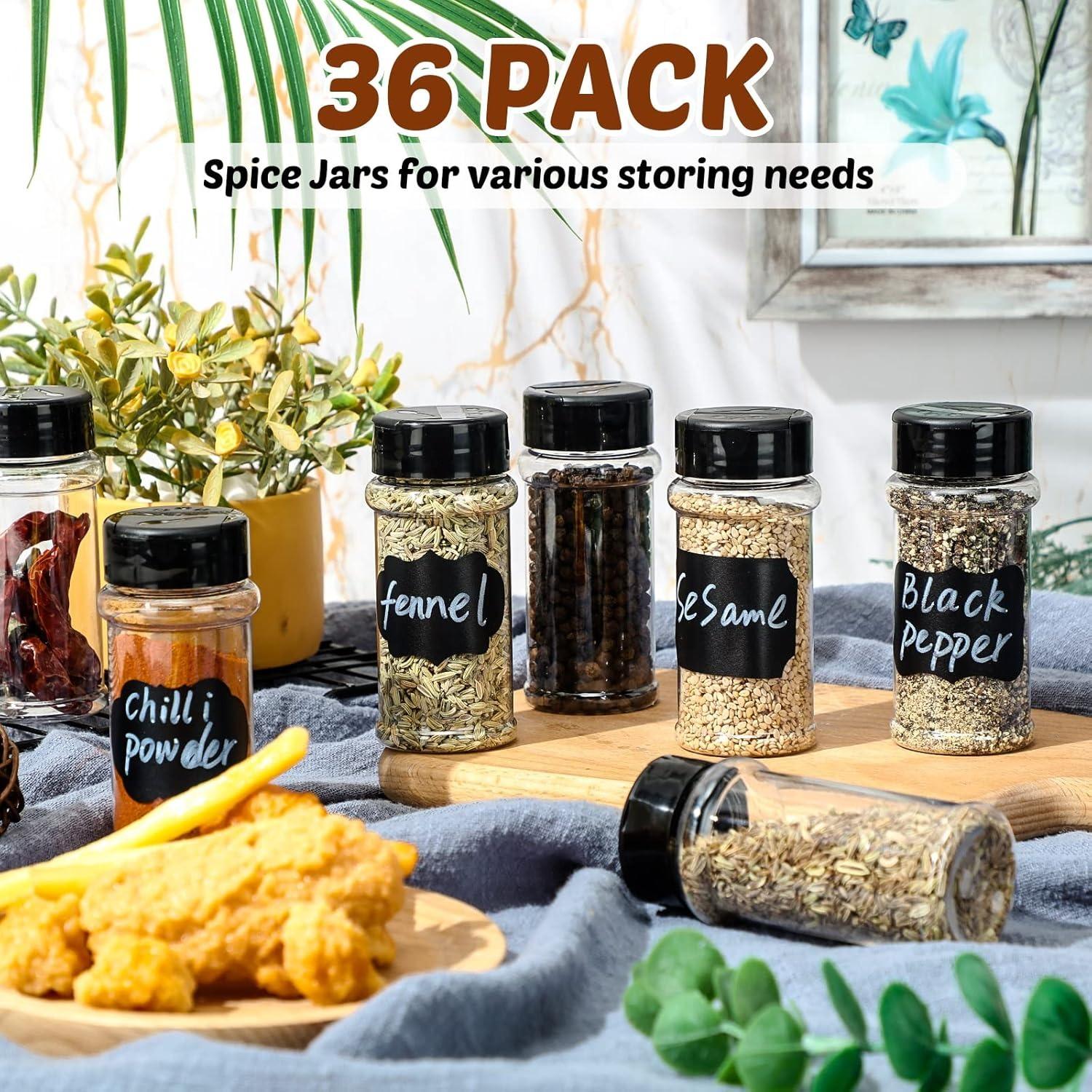 36Pcs 3oz Clear Plastic Spice Jars, Black Shaker Lids Empty Seasoning Bottles, Comes With Labels, Portable Condiment Storage Container for Pepper Herb Powder Kitchen Organization