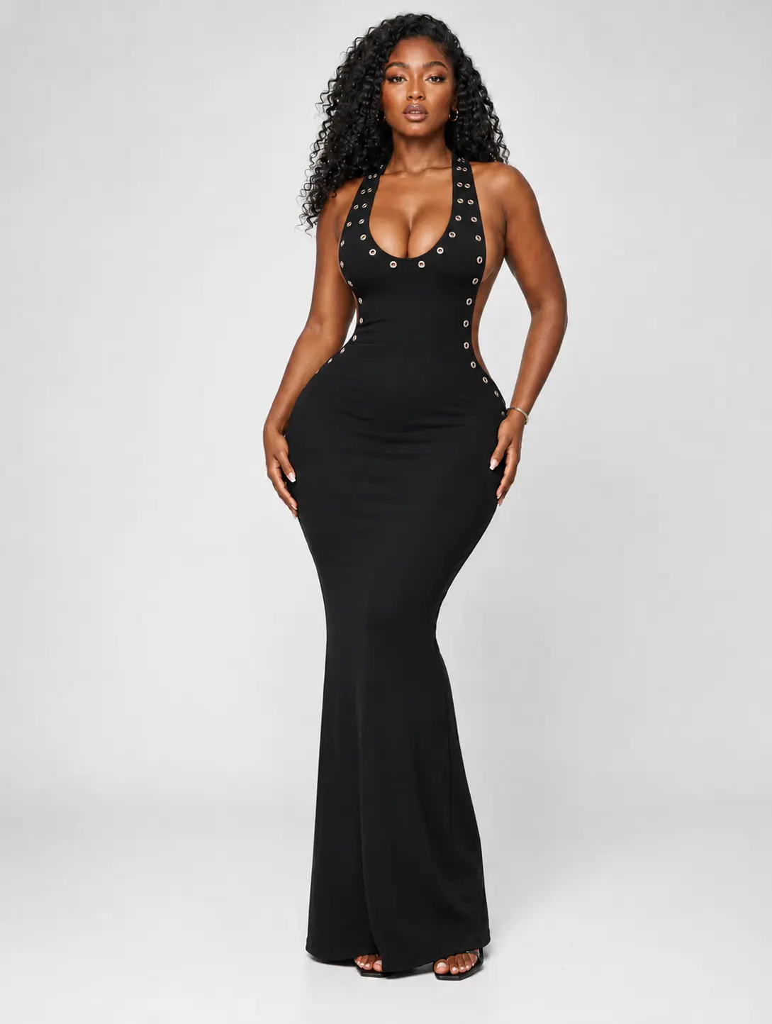 Sculpt Touch Women's Backless Bodycon Maxi Dress with Eyelet Detail, Elegant Evening Party Dress