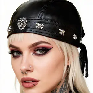 Women Leather Adjustable Ties Bandana Pirate Cap Skull Studded Headwrap Doo Rags Motorcycle Biker Hair Bonnets Hats Accessories Chic
