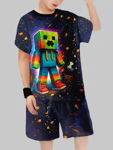 Minecraft Rainbow Creeper Set, New Boys Short Sleeve Shorts, Summer Trend Two-Piece, Casual Random Print