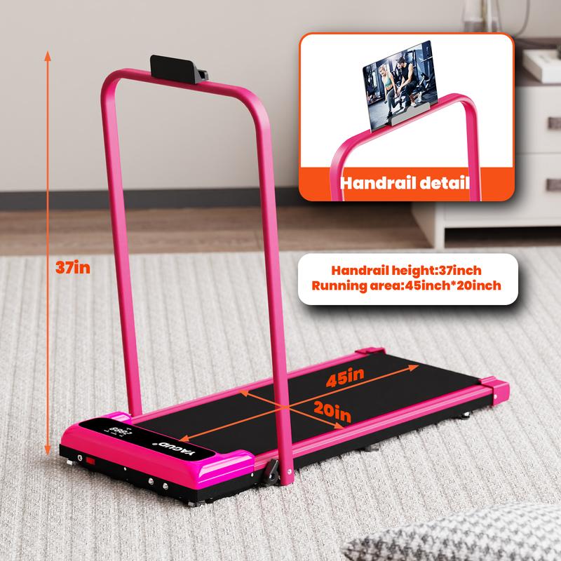 【Colorful Handrail】 YAGUD Upgraded Folding Treadmill , Low-Noise Motor – 265lbs Weight Capacity Spacious Belt Walking Pad, Dual Shock Absorption, Remote Control & Wheels for Easy Moving – Includes Free Resistance Bands
