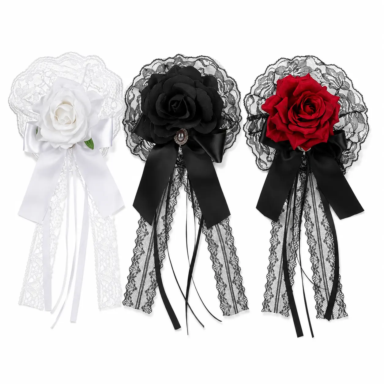 Lolita rose lace ribbon hair clip, gothic dark style cosplay Halloween headpiece, satin bow hair accessory, festive decoration, atmospheric vibe