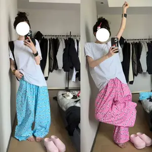 [Order 10–12 Days] Coquette Aesthetic Pink H€llo K!tty Printed Pajama Pants, Kawaii Cartoon Wide Leg Lounge Trousers, Soft Girl Sleepwear, Comfy Loose Fit Pajamas for Women