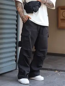 1 Piece Black Long Wide-Leg Work Pants with Straight Fit, Elastic Drawstring Waist, Y2K Streetwear Casual Multi-Pocket Loose Outdoor Tactical Pants for Men and Women - Suitable for Daily Wear, Work, Hiking, Fishing, Camping, and Hip-Hop Style