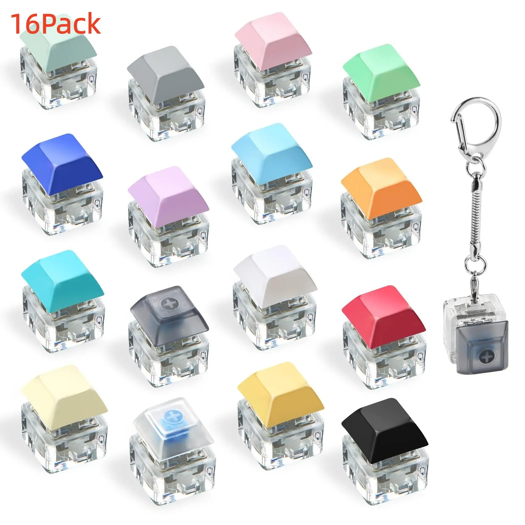 16 Pack Fidget Keyboard Keychain Finger Keyboard Fidget Keycap for Stress Relief Crafts Party Supplies Zinc Alloy Material Silicone
