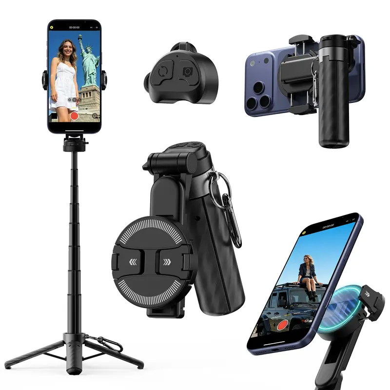 4-in-1 Compact Selfie Stick Tripod Stand for Smartphones, Extendable Magnetic Grip with Detachable Bluetooth Remote, Pocket-Size Hands-Free Phone Holder, Adjustable Detachable Magnetic Tripod Selfie Accessories for Vlog Recording & Photography, 4-In-1 Sel