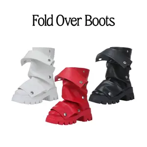 Women's Fold Over Platform Boots Leather Gothic Punk Mid-Calf Boots Slouch Boots Round Toe Chunky Heel Boots Girl Walking Shoes boots for fall