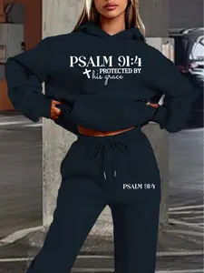 Hooded Sweatshirt Set for Fall & Winter, Womenswear, Psalm 91:4 Text Graphic Print, Religious Style, Loose Fit, Daily Wear, Casual