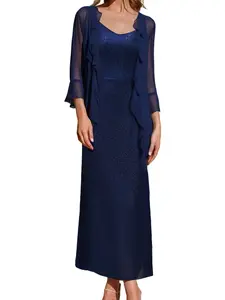 Formal Mother of the Bride Dresses Two-Piece Dress Set for Women, Wedding Guest Dress with Sparkly Jacket, Ruffled Dress Blue LE-TZ221