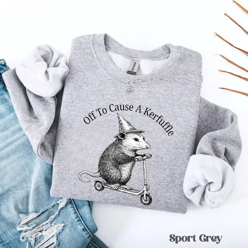 Off To Cause A Kerfuffle Sweatshirt, Funny Opossum Scooter Sweater, Mental Health Tee, Sarcastic Humor Shirt, Animal Lover Gift