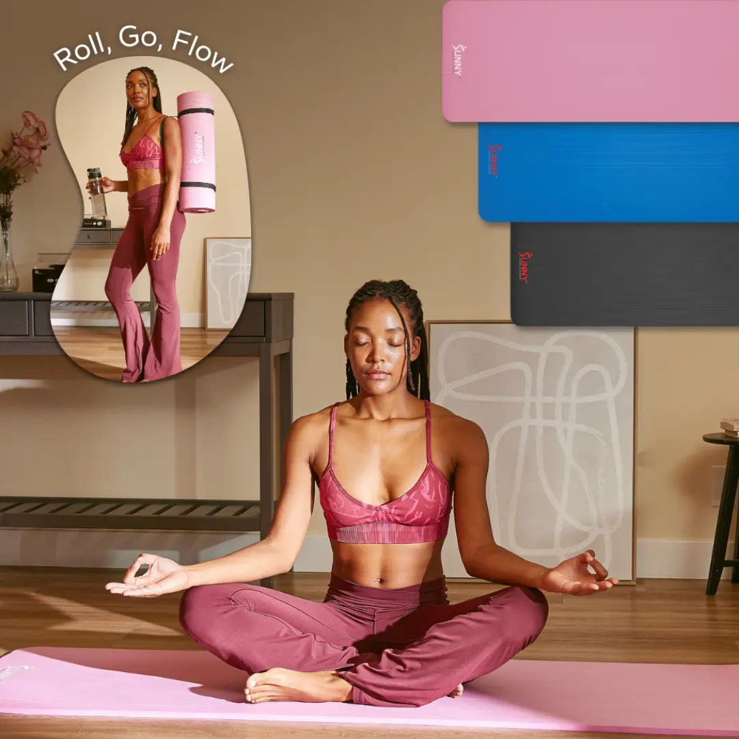 SUNNY 0.5" Thick Yoga Mat Home Gym Workout Fitness 74" x 24" Lightweight Portable Roll Up Exercise Mat Non-Slip Textured Cushion Durable Tear Resistant Sweat and Water Resistant for Yoga Pilates Stretching Meditation Indoor and Outdoor Use