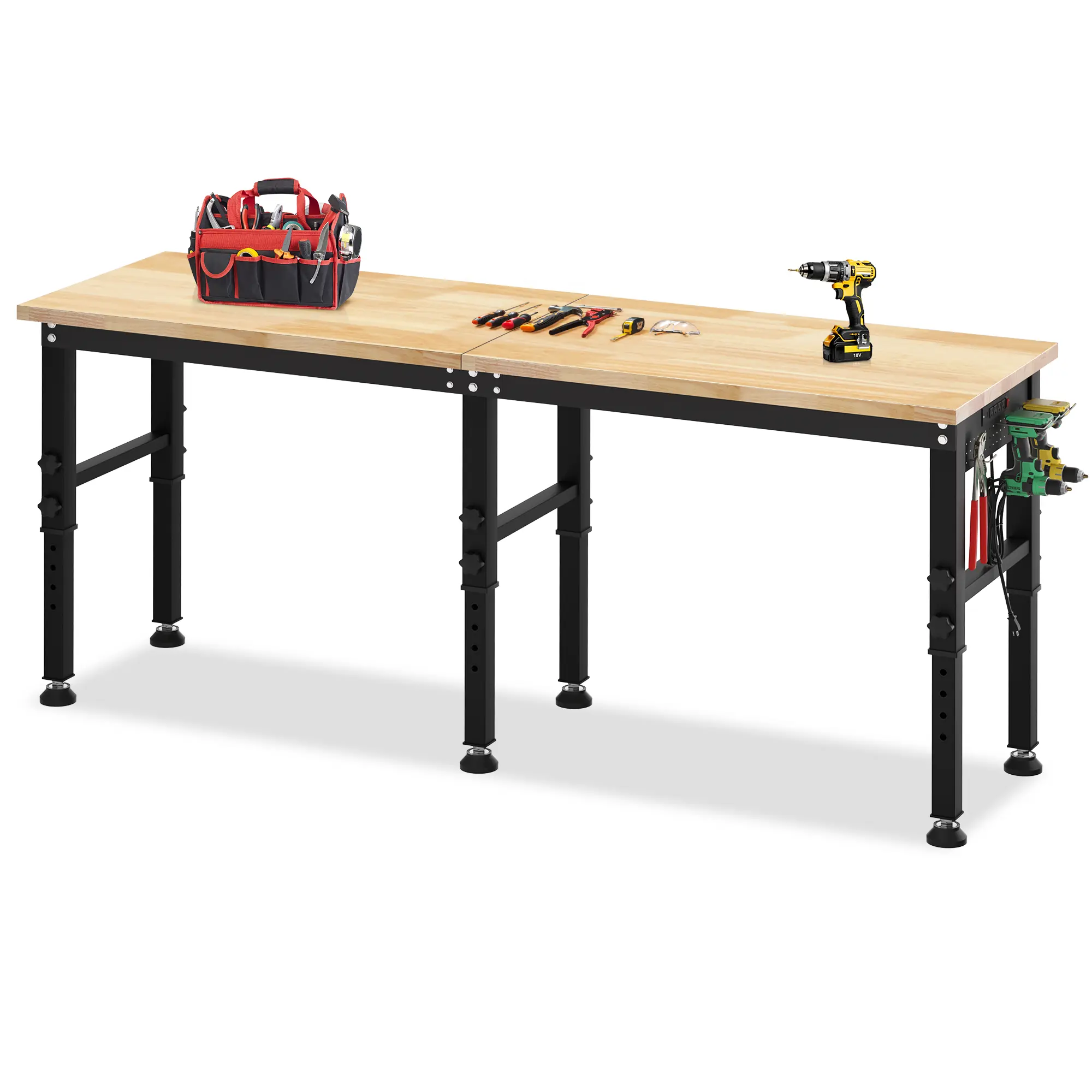96-in Heavy-Duty Adjustable Workbench (Heavy-Duty, Large, Pre-Built, Reinforced, Stationary Utility Tables) – 2500 LBS Load Capacity, Power Outlets, Solid Rubber Wood Top, Adjustable Height Desk for Garage, Workshop, Heavy-Duty Utility Tables
