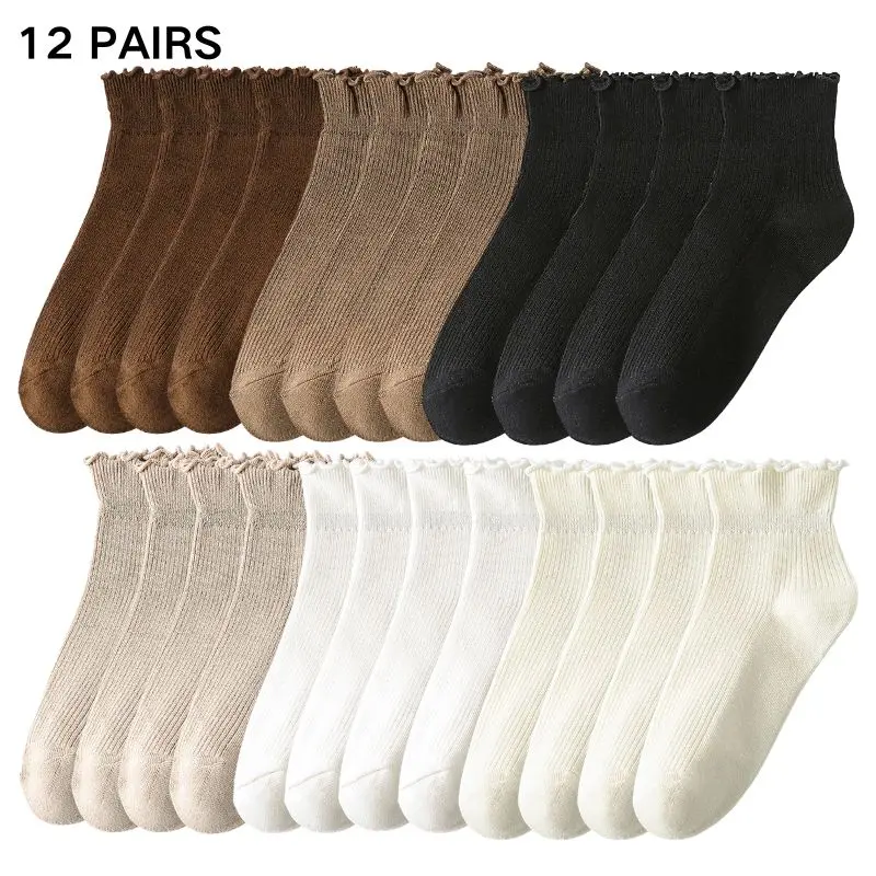 Women’s Cotton Ankle Soft Stretch Sports Socks - Ruffle Ribbed, Frilly Lettuce Trim, Breathable, Comfy, Solid Colors, Seamless Toe, 5-9 Size, 6/12/24 Pairs, Never Tight, for Spring Summer Daily Wear