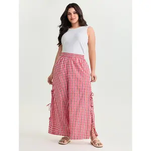 BLOOMCHIC Women's Plus Size Cotton-Polyester Gingham Print Lady's Side-Tie Bottom Pants - Flattering Fit, Fabric Slit Detail, Smooth Leg Design, 2026 Summer Pick for Mothers Womenswear Pocket 2026 Summer Vibes