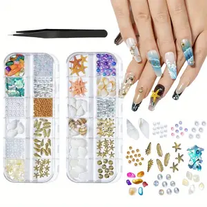 2 Boxes Nail Art Decoration and 1 Tweezers Set, Shell Slices Abalone Slices Starfish Nail Jewelry, Nail DIY Rhinestones Crafts Accessories