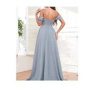 2025Women's Off Shoulder Bridesmaid Dresses Long Slit Chiffon Ruched Evening Formal Dress with Pockets2025