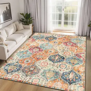 Bohemian-Patterned Living Room Rug, Large-Sized Low-Pile Rug with A Non-Slip Backing. Comfortable, Soft, And Foldable, It Is Machine-Washable for Easy Cleaning. Ideal for Home Decor in Bedrooms, Dining Rooms, Offices, Poolside Areas, And More