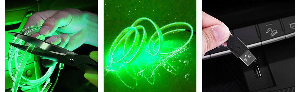 DIBMS Green 16FT Electroluminescent Car LED Strip Lights, USB-Powered Interior Ambient Lighting Kit with Fuse Protection, USB Powered Multicolor Car Interior Light ,USB Powered Car Interior Fiber Light