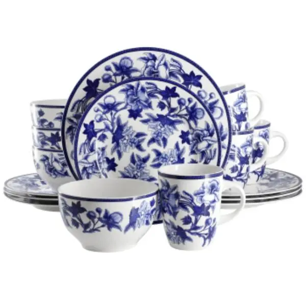 Elama EL-CATTLEYA-ORCHID 16-Piece Glossy Orchid Print Round Porcelain Dinnerware Set - Blue & White Round Plates, Casual Dining, Dishwasher-Safe