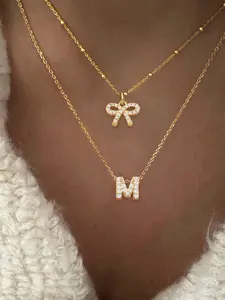 Women's Zirconia Initial Bow Pendant Necklace Set, Stainless Steel Chain, Casual Multi-Layer Design, All Seasons Jewelry