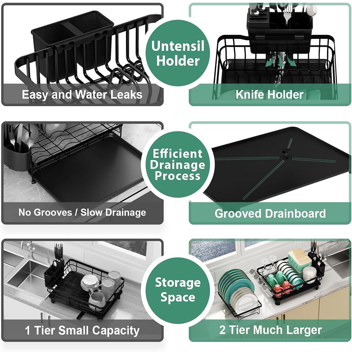 2 Tier Dish Drying Rack with Drainboard Adjustable Spout Utensil Holder and Knife Slots,Space-saving,Suitable for kitchen countertops,Keeps countertops clean and tidy,Easy to install,Beautifully crafted,Rotatable drainage system,Disassembleable