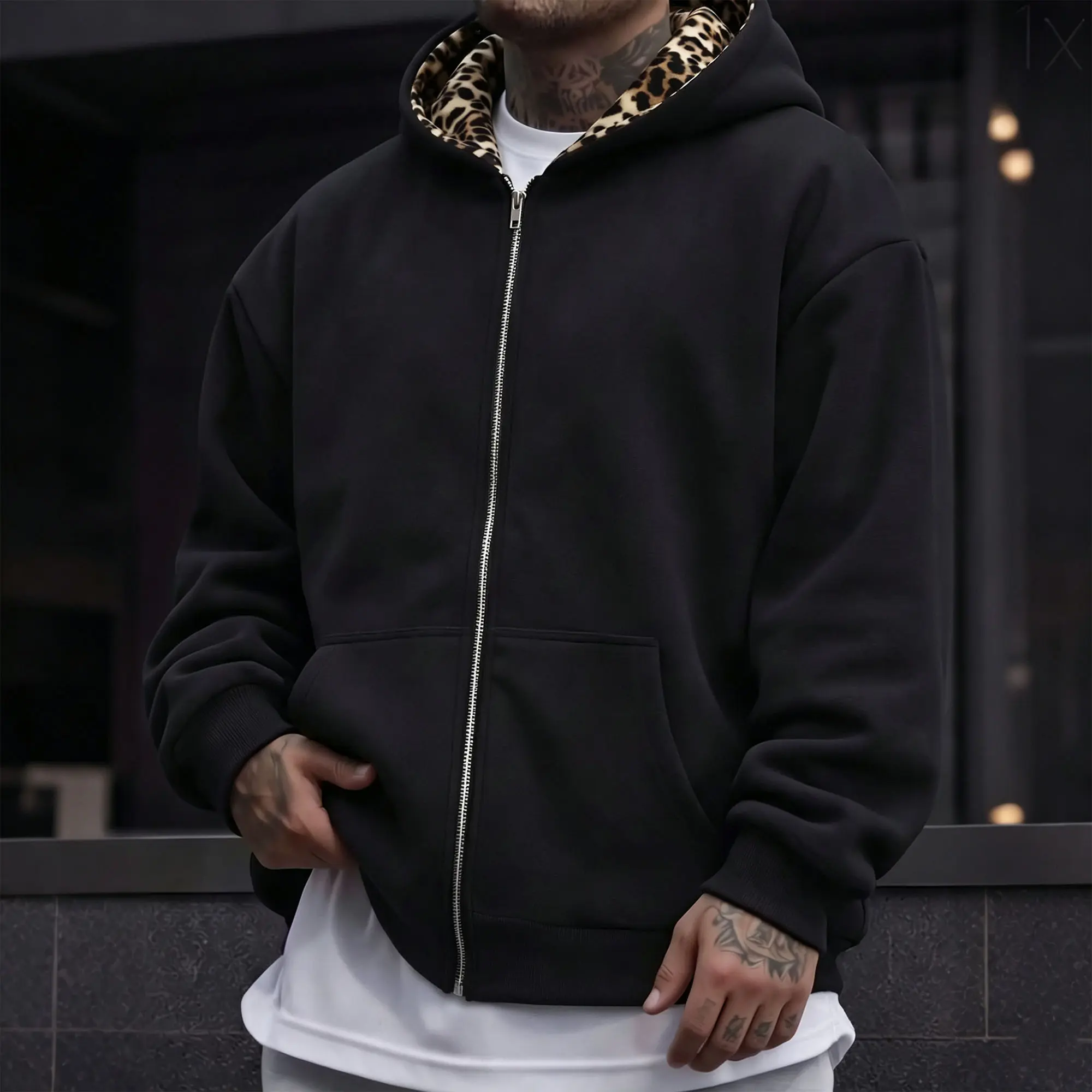 Men’s reversible leopard-print hooded jacket/zip-up sweatshirt for autumn/winter, cotton, American vintage style, loose fit, can wear inside out.