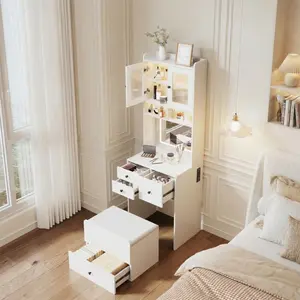 Vanity Desk with LED Lights Mirror & Power Outlet, Small Makeup Vanity Set with 4 Drawers and Cabinet, Compact Dressing Table with Cushioned Storage Chair and 3 Lighting Modes for Bedroom, White