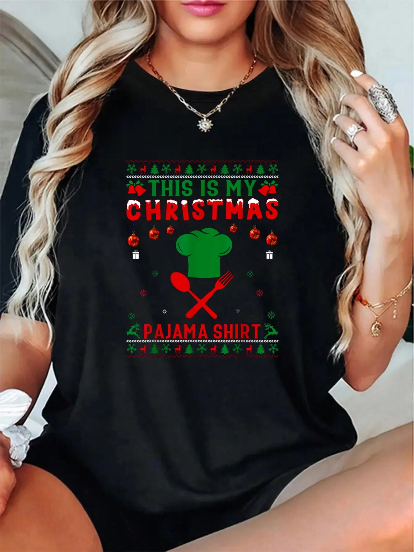 100% Cotton Unisex Ugly Xmas Holiday This Is My Chef Christmas Pajama T-Shirt spring/autumn Christmas snowflake fun cookie pattern women's shirt