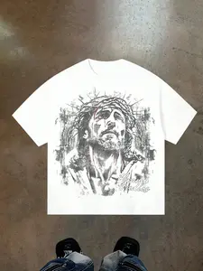 Men's Loose Fit Fashion Print T-Shirt, Menswear, Jesus Religious Pattern, All-Season Casual Wear, Unisex Youth College Street Style, Streetwear