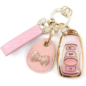 Key Fob Cover with Leather Holder Compatible with Airtag/RFID,Compatible with Subaru Ascent Forester WRX Impreza Outback STI BRZ,RFID Protector,Car Key Accessories(4-Button, Gold Pink)