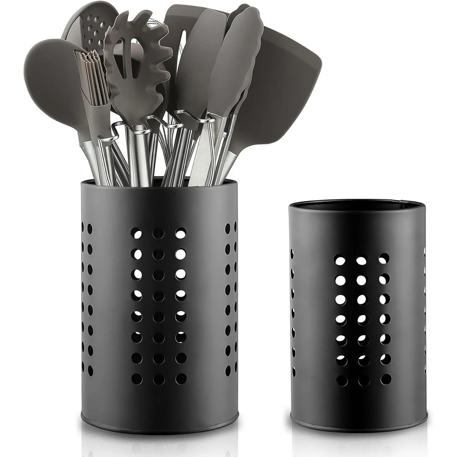 Kitchen Utensils Holder for Counter Top 2 count, Black Stainless Steel Cutlery Holder, Kitchen Essentials Farmhouse Style Home Countertop Organizer