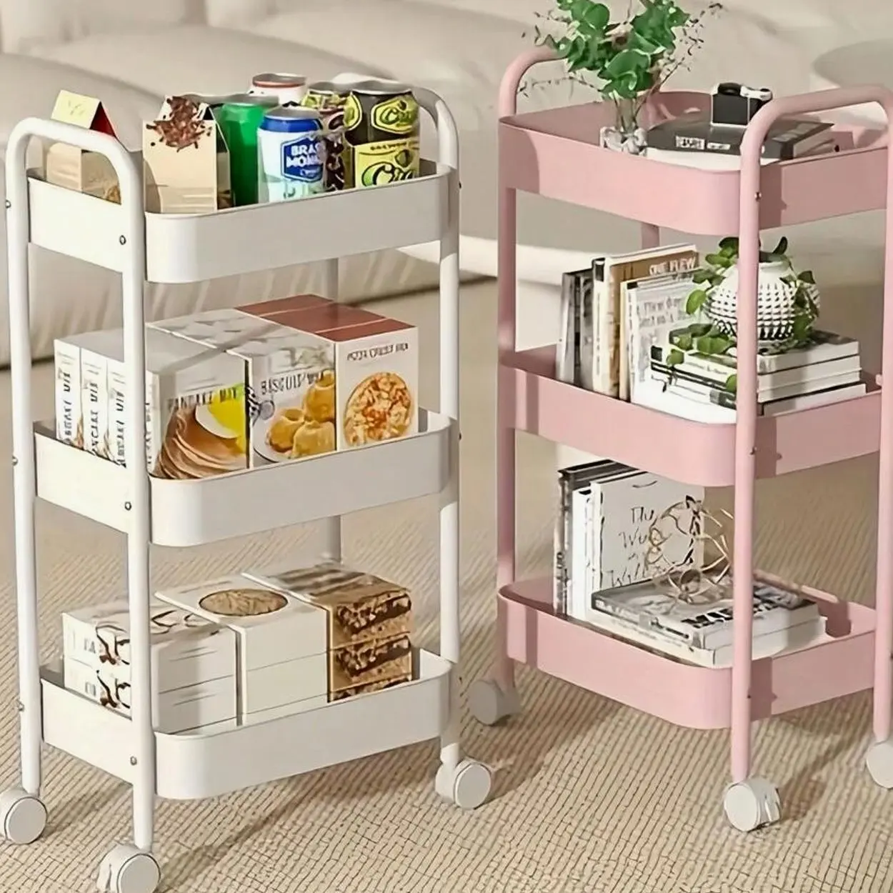 3 Tier Metal Rolling Utility Cart with Handle, Mobile Storage Organizer with 360° Wheels for Kitchen, Office, Living Room and Bathroom Use