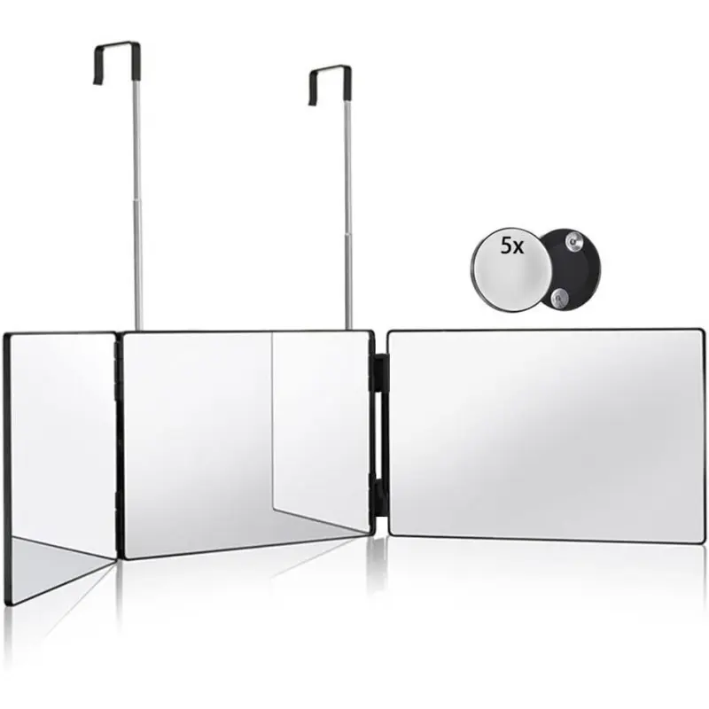 3 Way Mirror for Hair ,360 Trifold Mirror with Height Adjustable Telescoping Hooks,and 5X Magnification Mirror,for Makeup, Hair Styling