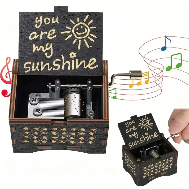 Wooden Music Box, Hand Cranked Laser Engraved Small Musical Boxes for Kids, Play You are My Sunshine & My Dear MOM Melody ,Mother's Day Gift Decor girlfriend husband wife