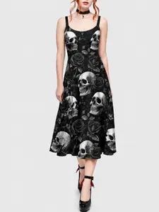 Rgothic Women's Plus Size Casual A-Line Midi Dress, Sleeveless Straps, Skull Rose Flower & Chandelier Crow Wreath Print, Soft Fabric, Spring Autumn April Outfit,