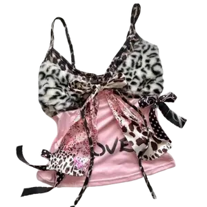 90s Harajuku Vintage Slim Camisole Subculture Leopard Patchwork Bow Halter Vest Y2K Aesthetic Letter Print Tanks Slim Women Tops