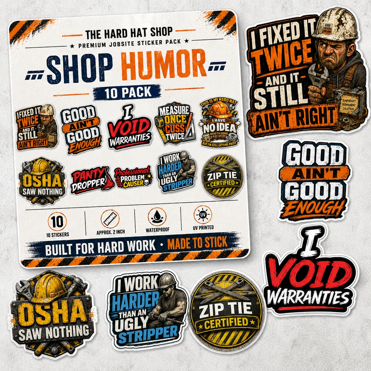 3 Packs - 30 Stickers Total. The Hard Hat Shop High Quality Hat Sticker Pack, Waterproof Vinyl Decals for Helmets, Toolboxes, Laptops, 3 Packs of 10. Shop Humor, Best Sellers & Unfiltered