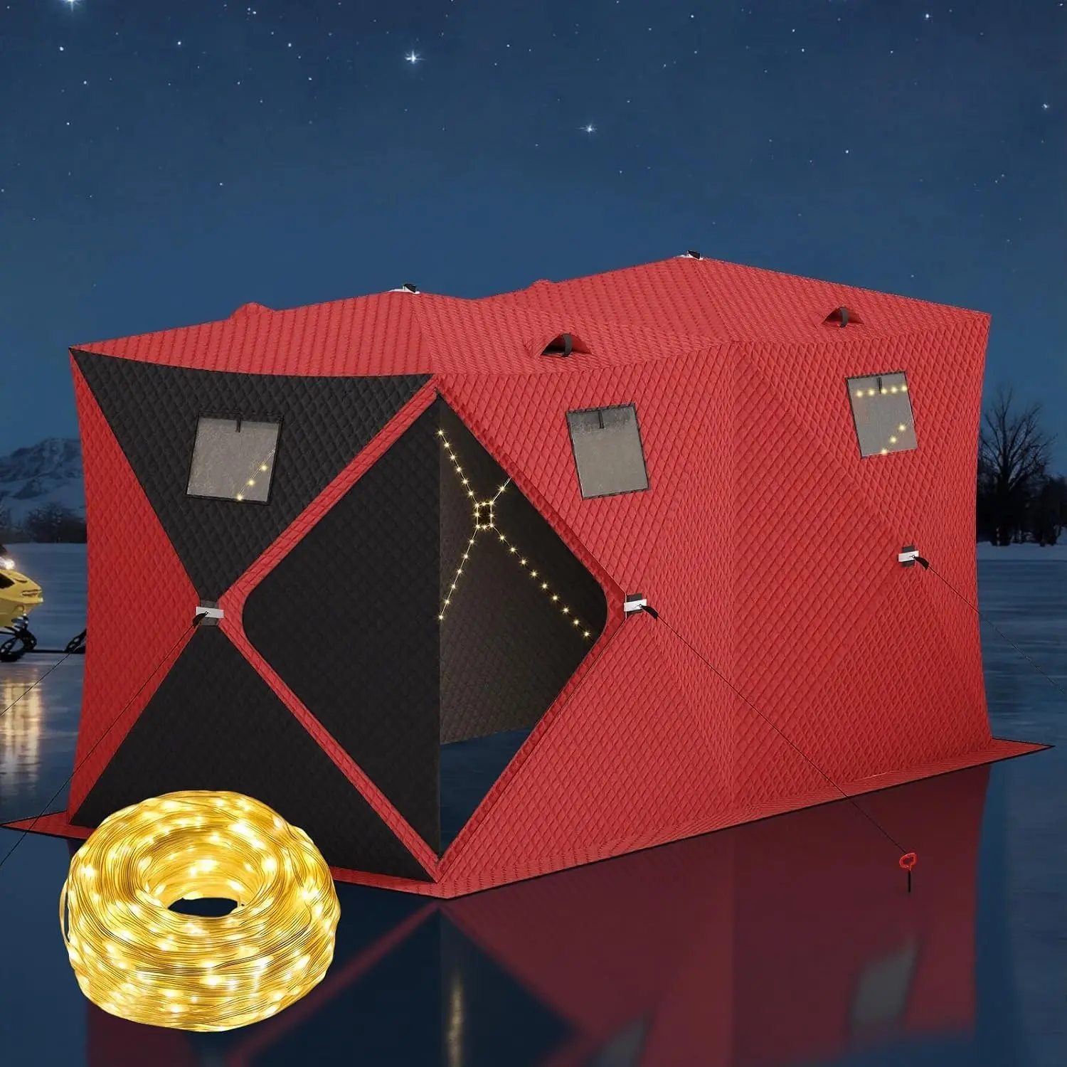 Garvee Insulated Pop Up Ice Fishing Tent - Cotton Oxford Fabric, Superior Insulation, Windproof Waterproof Shelter for 6-8 People, Double Zippered Doors, 2x49ft LED Light Strips, Sturdy Fiberglass Poles, Quick Setup, Red (141.73x70.8x77.74in), 141.73X70.8