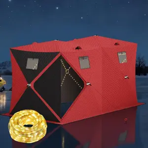 Garvee Insulated Pop Up Ice Fishing Tent – Windproof Waterproof Shelter for 6-8 People, Double Zippered Doors, 2x49ft LED Light Strips, Easy Setup – Red | 141.73x70.8x77.74 Inch