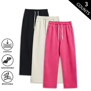 Men’s 3-Pack Casual Wide-Leg Sweatpants, Elastic Drawstring Waist, Breathable Stretch Lounge Pants with Pockets for Everyday Wear, Streetwear & Casual