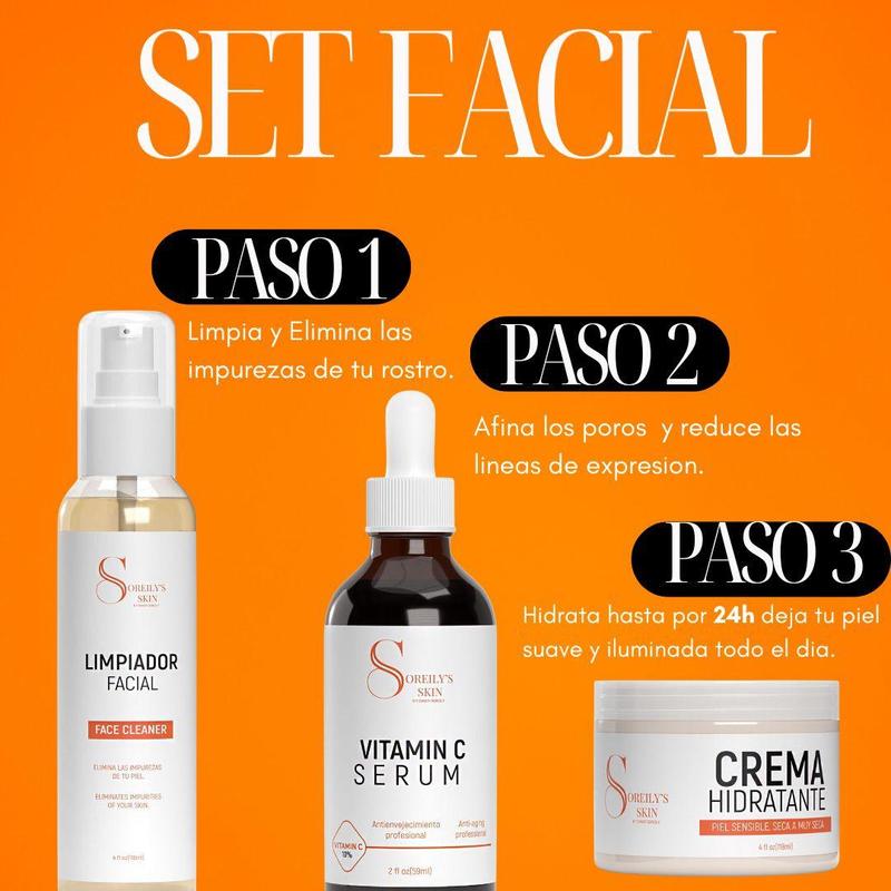 Soreily Skin Kit - Vitamin C Serum, Limpador Facial, Crema Hidratante & Protector Solar - Complete Skincare Set for Hydration and Cleansing