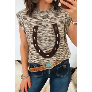 Brown Western Horseshoe Printed Round Neck Sweater Vest