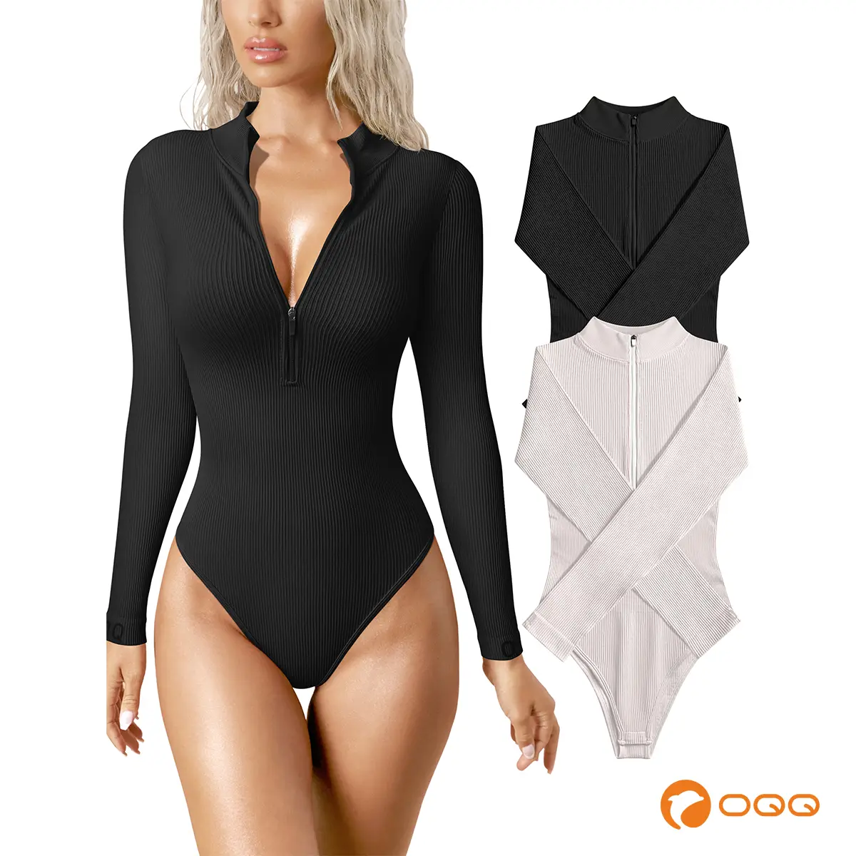 OQQ Women's 2 Piece Bodysuits Sexy Ribbed One Piece Zip Front Long Sleeve Tops Bodysuits