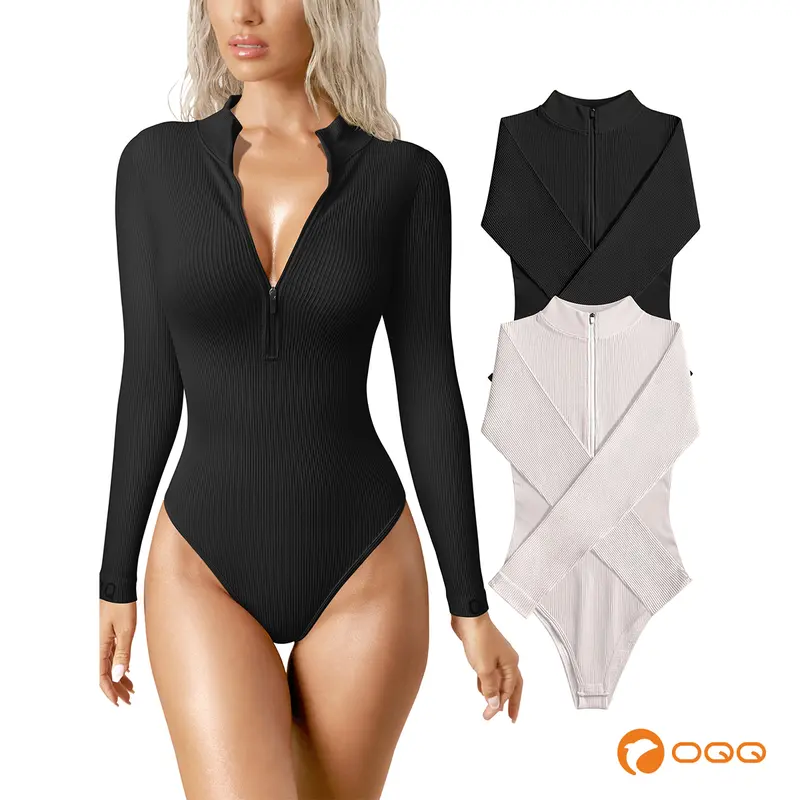 OQQ Women's 2 Piece Bodysuits Sexy Ribbed One Piece Zip Front Long Sleeve Tops Bodysuits