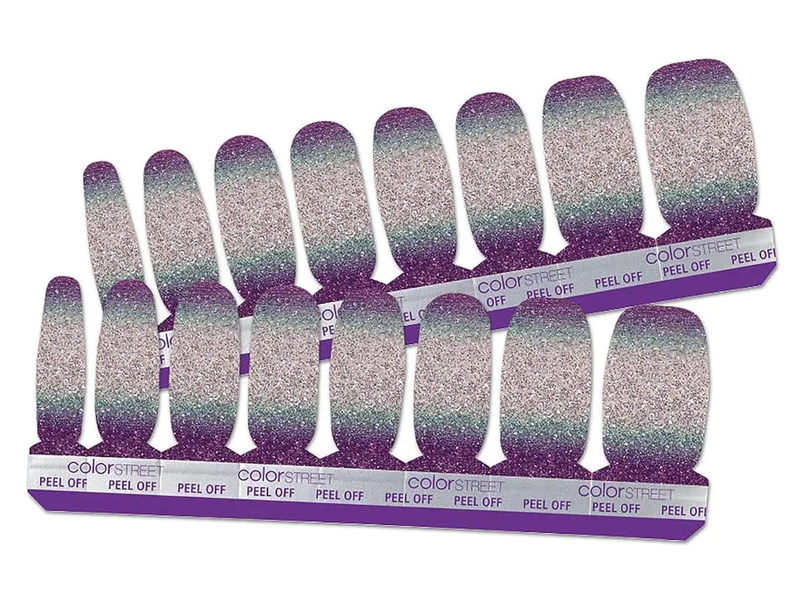 Pacific Waters Nail Polish Strips, Purple Teal Silver Ombre Glitter Finish, 16 Double Ended Strips No Variations, Glitter Decorative Nails, Nail Designs Ideas