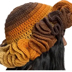 Ruffles Hat/3 row ruffles - Crochet Beanie with Ruffles, Latte Stipre Color, Perfect for Fall and Winter