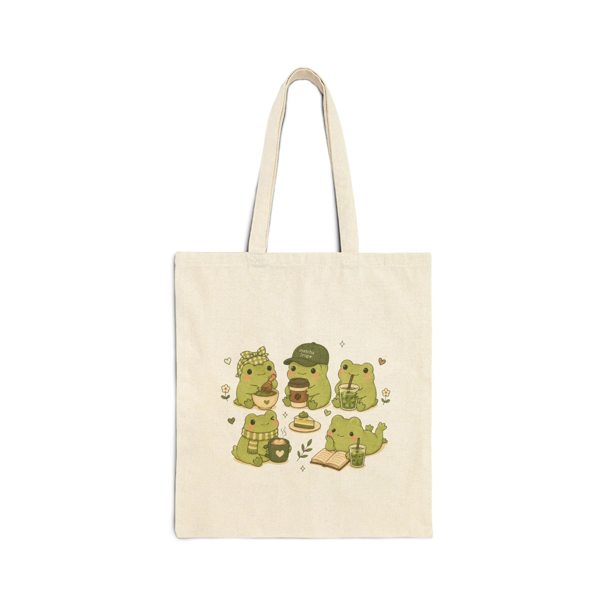 Kawaii Green Frogs Illustration Tote Bag | Cute Frog Characters Canvas Tote