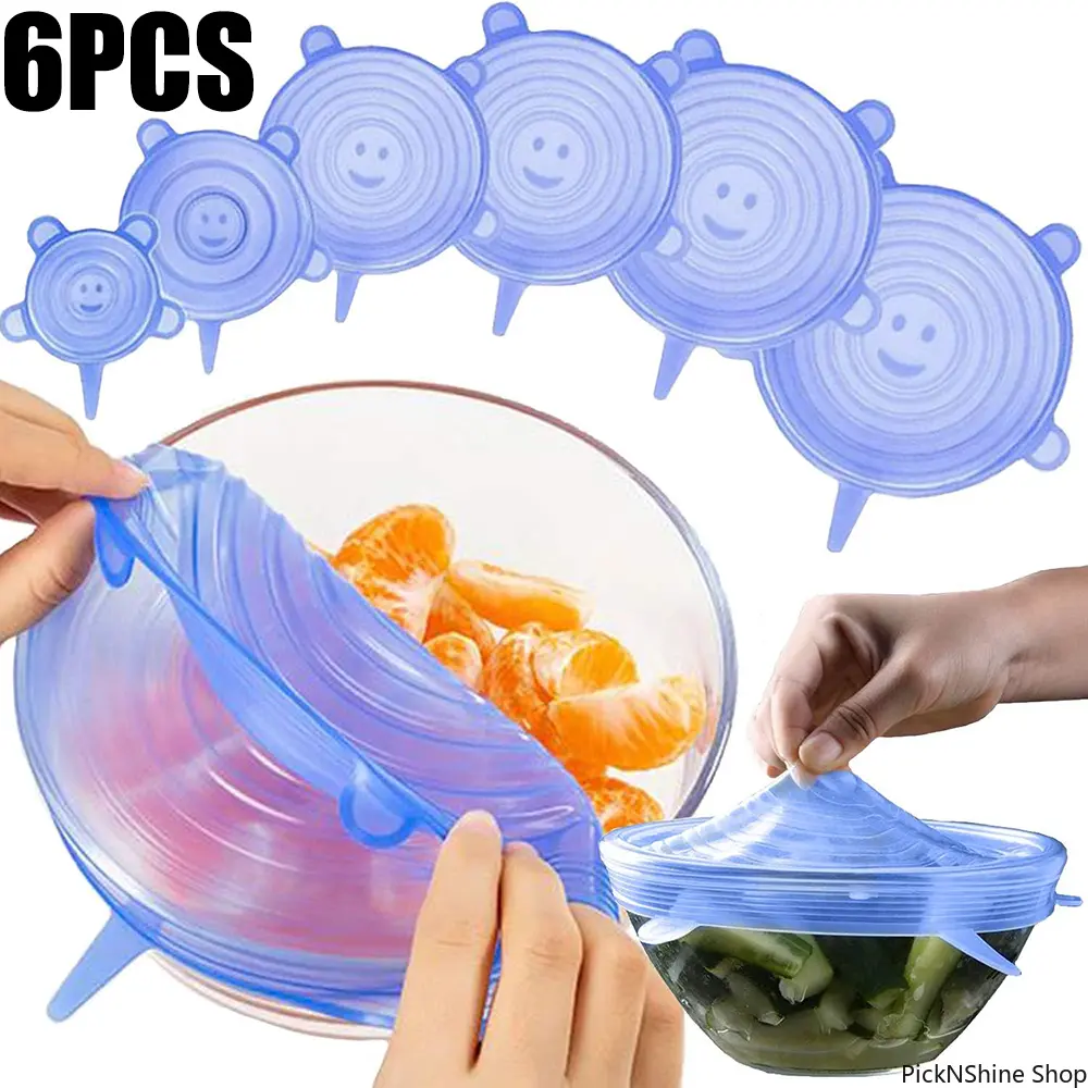 6Pcs Food Grade Silicone Stretch Preservation Cover, Reusable Airtight Universal Round Food Lids, Flexible Sealing Dish Covers for Kitchen Food Storage Accessories
