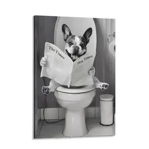 Dog Bathroom Wall Art Funny Animal Bathroom Canvas Wall Art Dog on Toilet Poster Black and White Animal Toilet Prints Picture for Bath Restroom Wall